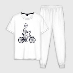 Пижама хлопковая мужская Пришелец на велике, цвет: белый
