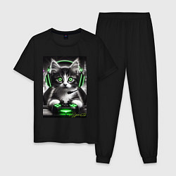Пижама хлопковая мужская Котёнок командный геймер - киберспорт, цвет: черный