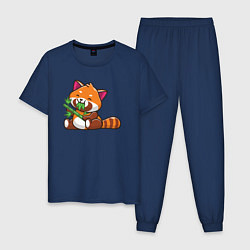 Пижама хлопковая мужская Красная панда обедает, цвет: тёмно-синий