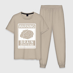 Пижама хлопковая мужская Warning - high brain activity, цвет: миндальный