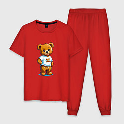 Пижама хлопковая мужская Медвежонок в футболке, цвет: красный