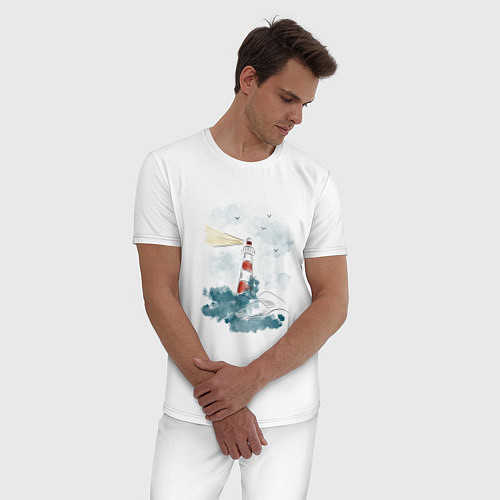 Мужская пижама Маяк и волны - акварель / Белый – фото 3