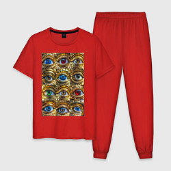Пижама хлопковая мужская Глаза разноцветные из золота в стиле стимпанк, цвет: красный