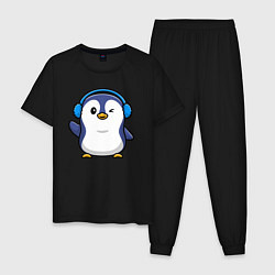 Пижама хлопковая мужская Привет от пингвина, цвет: черный