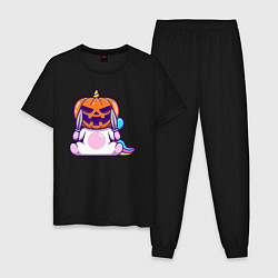 Пижама хлопковая мужская Хэллоуин единорог, цвет: черный