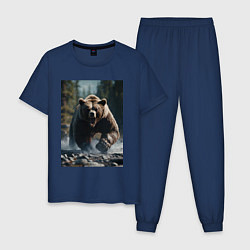 Пижама хлопковая мужская Разъяренный медведь, цвет: тёмно-синий