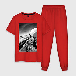 Пижама хлопковая мужская Ванпанчмен Сайтама на крыле самолета, цвет: красный