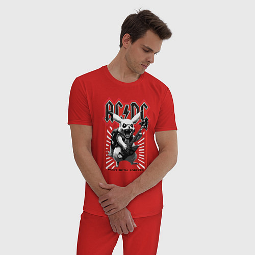 Мужская пижама AC DC на фоне Пикачу играющего рок на гитаре / Красный – фото 3