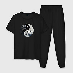 Пижама хлопковая мужская Коты инь и янь вязаные, цвет: черный