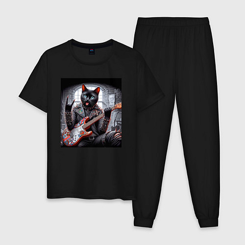 Мужская пижама Чёрный котяра рок гитарист / Черный – фото 1