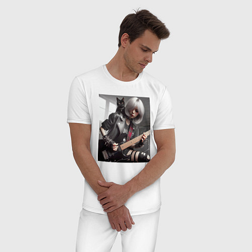 Мужская пижама Девчонка рок гитарист с чёрным котом / Белый – фото 3