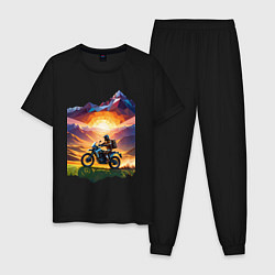 Пижама хлопковая мужская Мотопутешествие в горы, цвет: черный