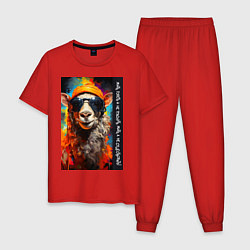 Пижама хлопковая мужская Лама хиппи: жить гореть и не угаснуть, жить а не с, цвет: красный