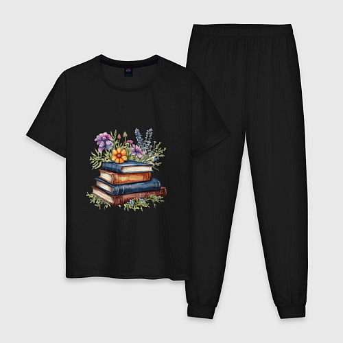 Мужская пижама Стопка книг с полевыми цветами / Черный – фото 1