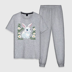Пижама хлопковая мужская Милый зайчонок на фоне цветов, цвет: меланж