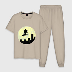 Пижама хлопковая мужская Дракон, летящий над городом, цвет: миндальный