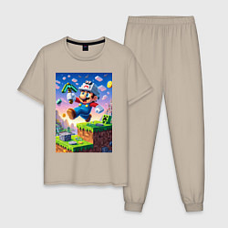 Пижама хлопковая мужская Марио и Майнкрафт - коллаба, цвет: миндальный