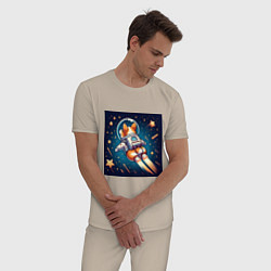 Пижама хлопковая мужская Реактивный корги в космосе, цвет: миндальный — фото 2