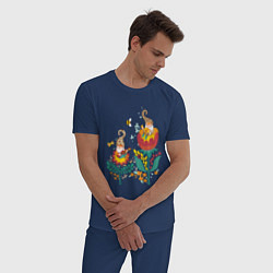 Пижама хлопковая мужская Милые гномы в цветах, цвет: тёмно-синий — фото 2