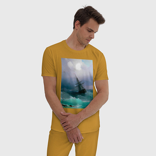Мужская пижама Корабль среди бурного моря / Горчичный – фото 3