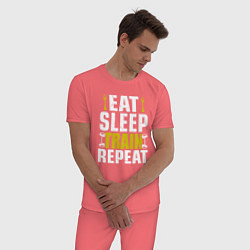 Пижама хлопковая мужская Eat sleep train, цвет: коралловый — фото 2