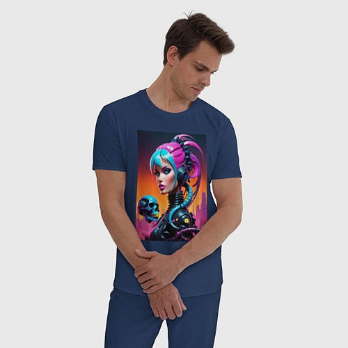 Мужская пижама Девушка в стиле киберпанк с черепом - нейросеть / Тёмно-синий – фото 3