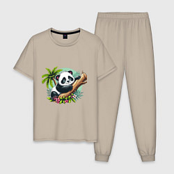 Пижама хлопковая мужская Панда в тропиках, цвет: миндальный
