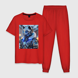 Пижама хлопковая мужская Cyber cat - ai art fantasy, цвет: красный