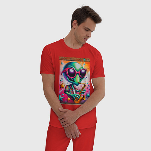Мужская пижама Пришелец играет на саксофоне - граффити / Красный – фото 3