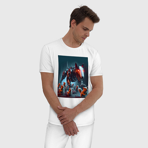 Мужская пижама Кибер бультерьер защищает белок - нейросеть / Белый – фото 3