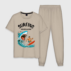 Пижама хлопковая мужская Shark and surfer - never alone, цвет: миндальный