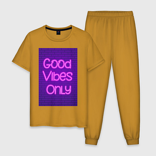 Мужская пижама Неоновая надпись good vibes only и кирпичная стена / Горчичный – фото 1