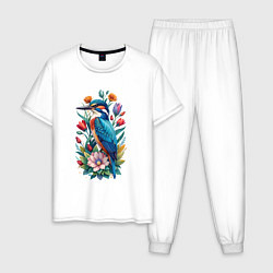 Пижама хлопковая мужская Птица зимородок среди цветов, цвет: белый