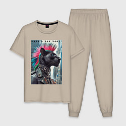 Пижама хлопковая мужская Dude panther - punks not dead, цвет: миндальный