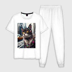 Пижама хлопковая мужская Пирсинг Нью-Йоркского кота - нейросеть, цвет: белый
