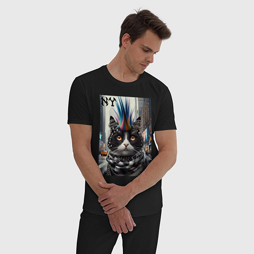 Мужская пижама Кот панк с разноцветным хаером - Нью-Йорк / Черный – фото 3
