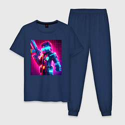Пижама хлопковая мужская Minecraft and cyberpunk collaboration - neon glow, цвет: тёмно-синий