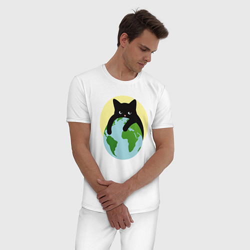 Мужская пижама Котик, обнимающий землю в космосе / Белый – фото 3