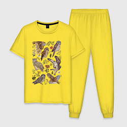 Пижама хлопковая мужская Разные совы и цветы, цвет: желтый