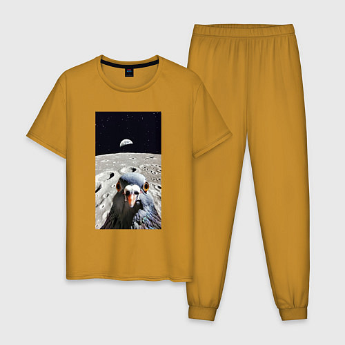 Мужская пижама Голубь на луне делает селфи / Горчичный – фото 1
