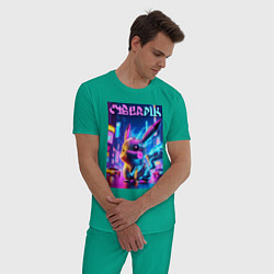 Пижама хлопковая мужская Кибер Пикачу - неоновое свечение, цвет: зеленый — фото 2