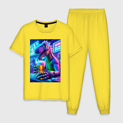 Пижама хлопковая мужская Неоновый пивозавр за барной стойкой - нейроарт, цвет: желтый