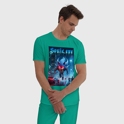 Мужская пижама Ёжик монстр в ночном мегаполисе - неоновое свечени / Зеленый – фото 3