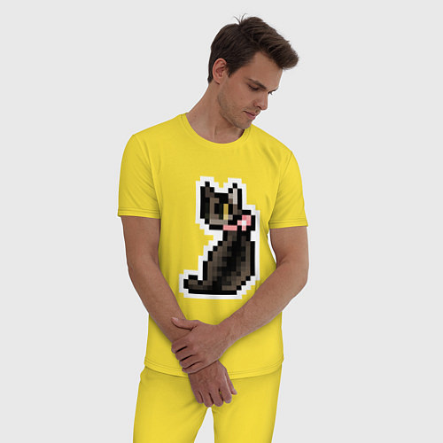 Мужская пижама Милая пиксельная кошка с розовым ошейником / Желтый – фото 3
