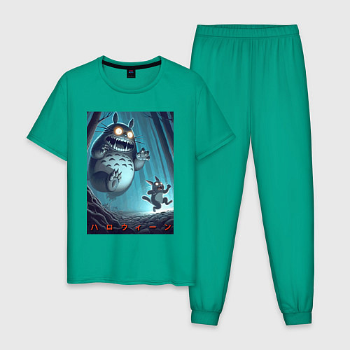 Мужская пижама Тоторо гонится за лесным длинноухим котом - хэллоу / Зеленый – фото 1