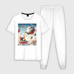 Пижама хлопковая мужская Чаепитие крылатого слона - психоделика, цвет: белый