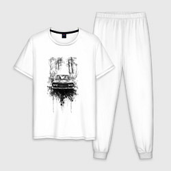 Пижама хлопковая мужская Авто в лесу, цвет: белый