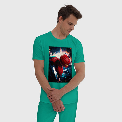 Мужская пижама Человек паук над ночным городом / Зеленый – фото 3