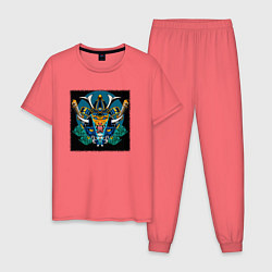 Пижама хлопковая мужская Демон самурай тигр, цвет: коралловый