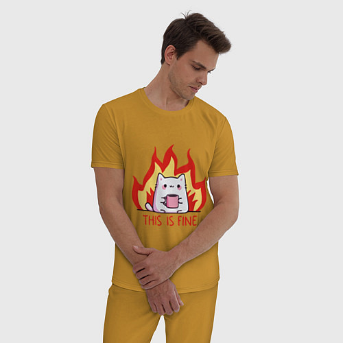 Мужская пижама Cat - this is fine / Горчичный – фото 3